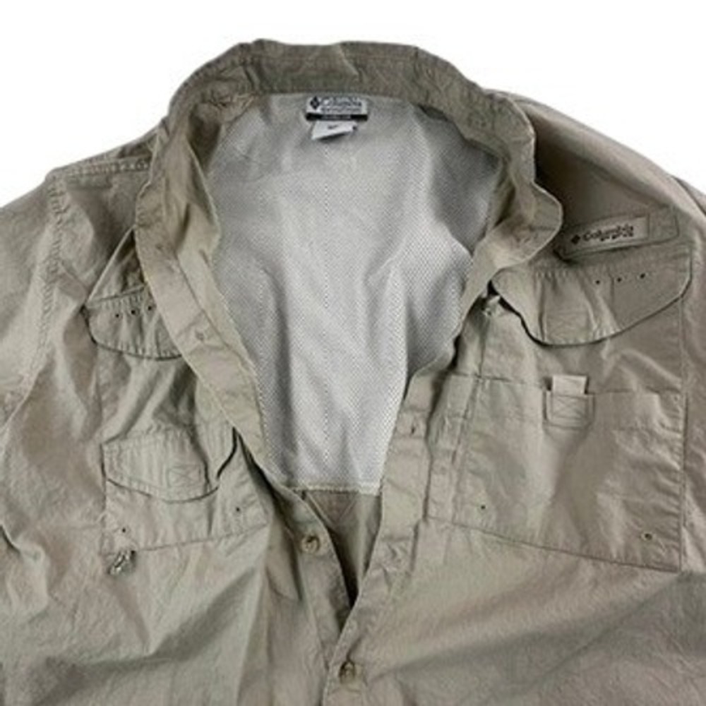 Columbia Mens S PFG Fishing Shirt Tan Short Sleeve NCC Pennant FM7130 - Picture 8 of 14